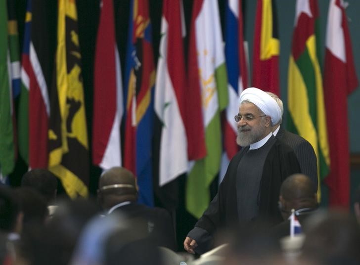 © Reuters. Iran's President Hassan Rouhani arrives to attend closing statement for the Asian-African Conference in Jakarta 