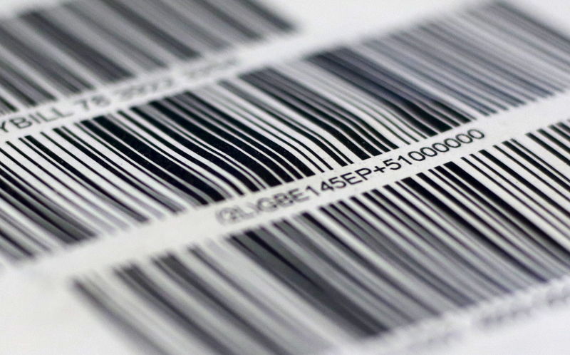 © Reuters. Barcodes are seen on a package in London