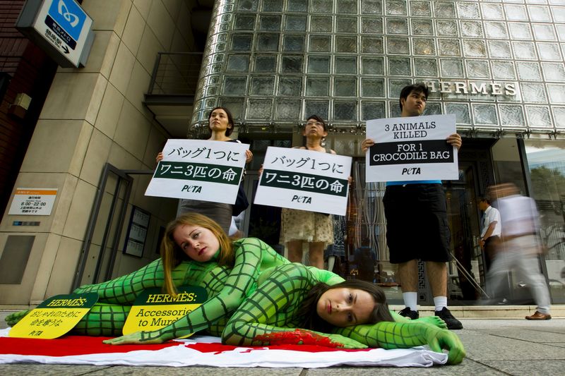 © Reuters. Ativistas do Peta protestam contra o uso de pele de crocodilo