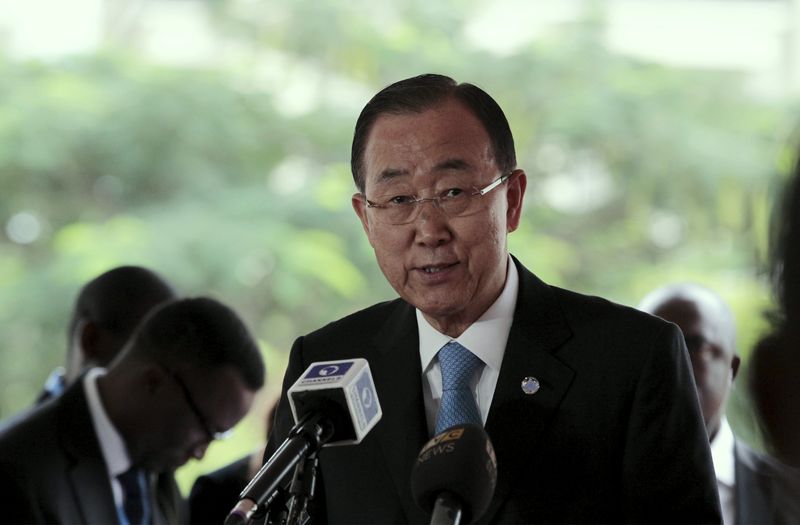 © Reuters. U.N. Secretary General Ban Ki-moon, speaks during an event marking 4th anniversary of the bombing of the Abuja United Nations building by Boko Haram members in Abuja