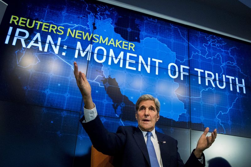 © Reuters. U.S. Secretary of State John Kerry speaks during a Reuters Newsmaker event on the nuclear agreement with Iran, in New York