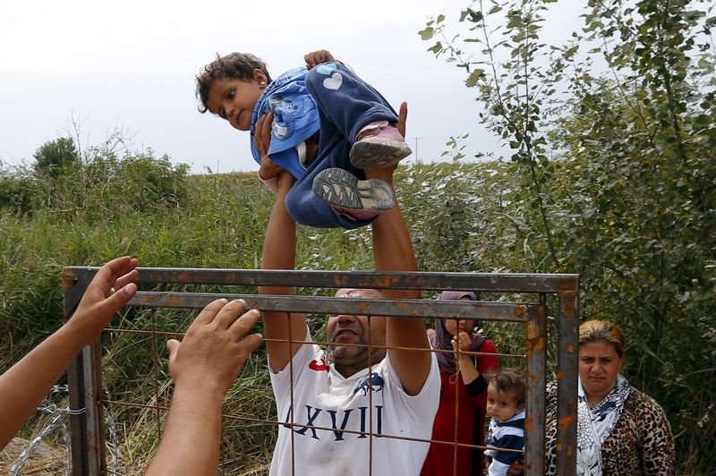 © Reuters. A Syrian migrant lifts a child over a fence on the Hungarian-Serbian border near Asotthalom