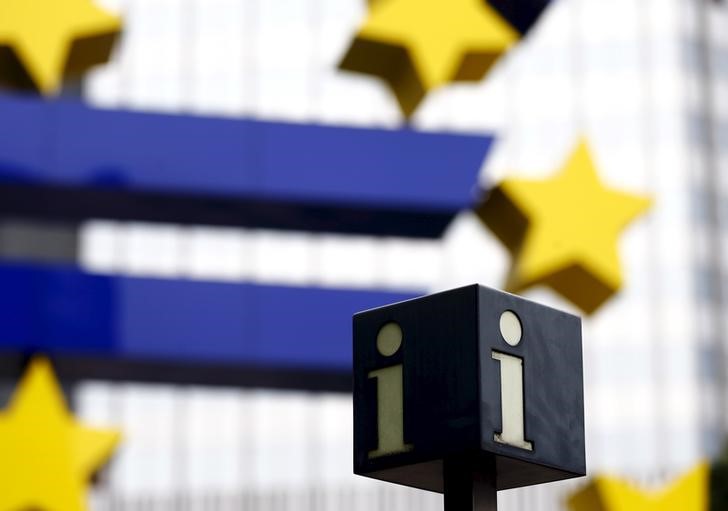 © Reuters. A tourist information sign is seen next to the euro sign landmark outside the former head quarters of the European Central Bank (ECB) in Frankfurt