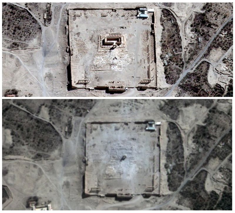 © Reuters. Combination picture of handout satellite images shows the site of the Temple of Bel before and after its apparent destruction in Palmyra, Syria