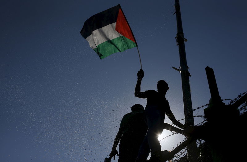 © Reuters. Spectator waves a Palestinian flag during the first leg of the Palestine Cup final soccer match between Gaza Strip's Shejaia and Hebron's Al-Ahly at al-Yarmouk stadium in Gaza