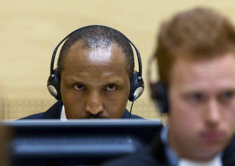 © Reuters. Congolese militia leader Ntaganda sits in the courtroom of the ICC during the first day of his trial at the Hague in the Netherlands 