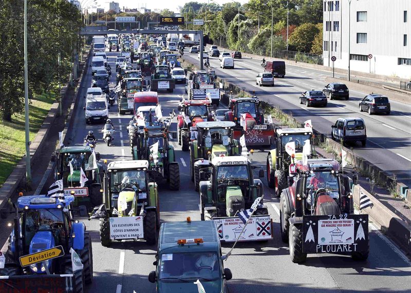© Reuters. French farmers converge on Paris, driving their tractors on the motorway