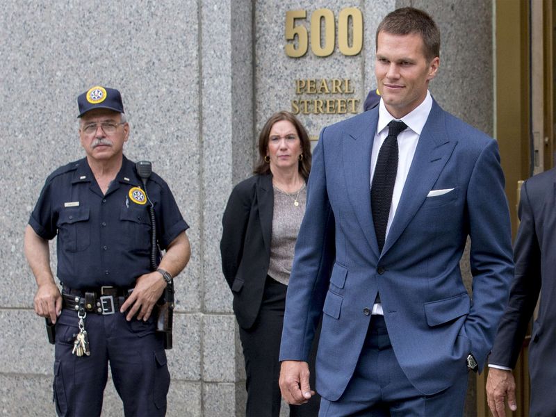 © Reuters. New England Patriots quarterback Brady exits the Manhattan Federal Courthouse in New York 