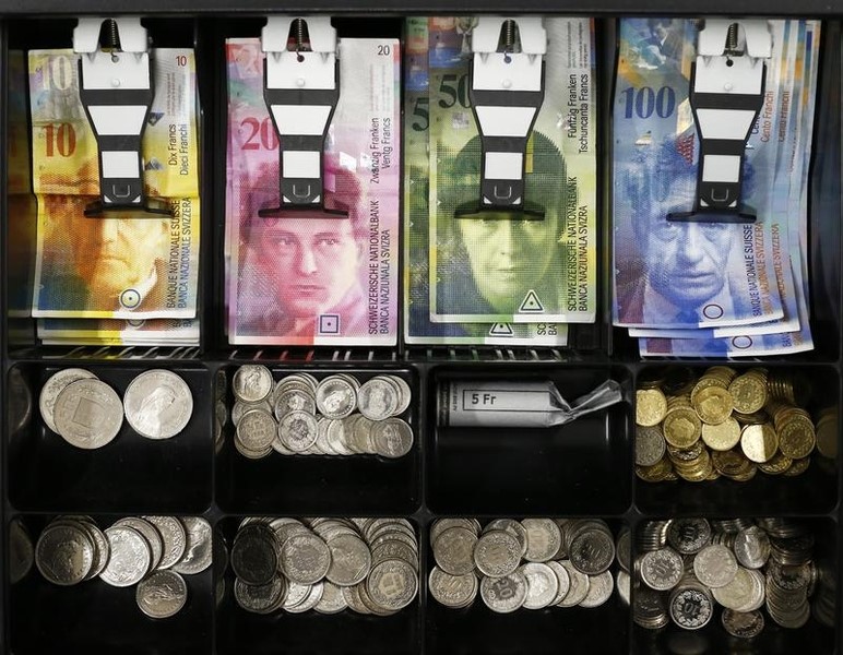 © Reuters. Swiss franc coins are seen in a cash drawer in this picture illustration in Bern