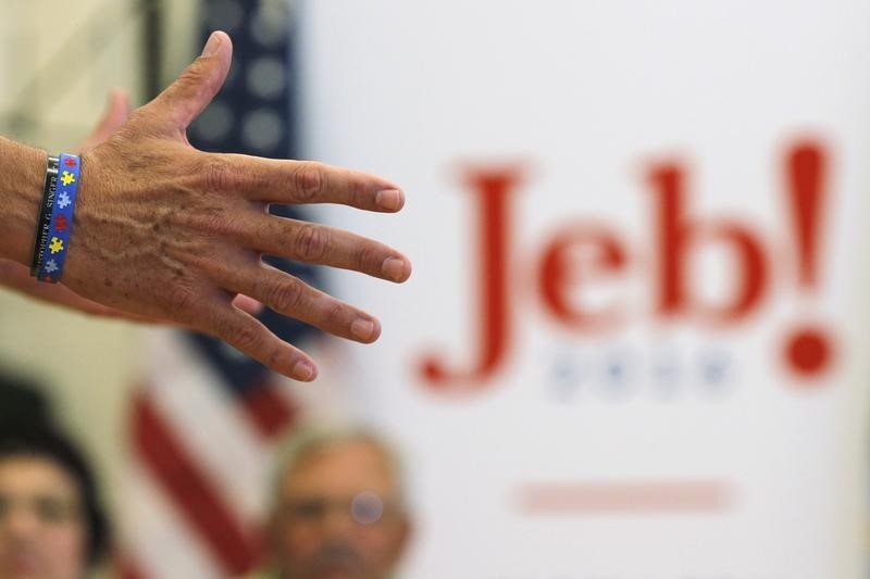 © Reuters. Bush gestures while speaking at a campaign town hall meeting in Salem