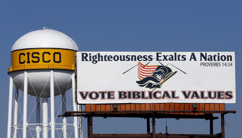 © Reuters. A general view of a billboard urging consideration of biblical values when voting in Cisco