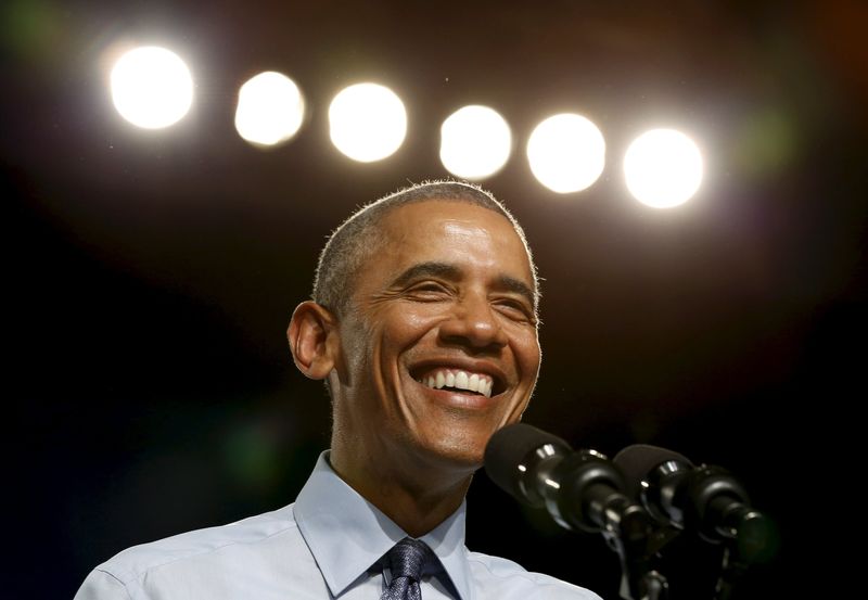 © Reuters. U.S. President Barack Obama smiles while speaking during a visit to Macomb  Community College in Warren