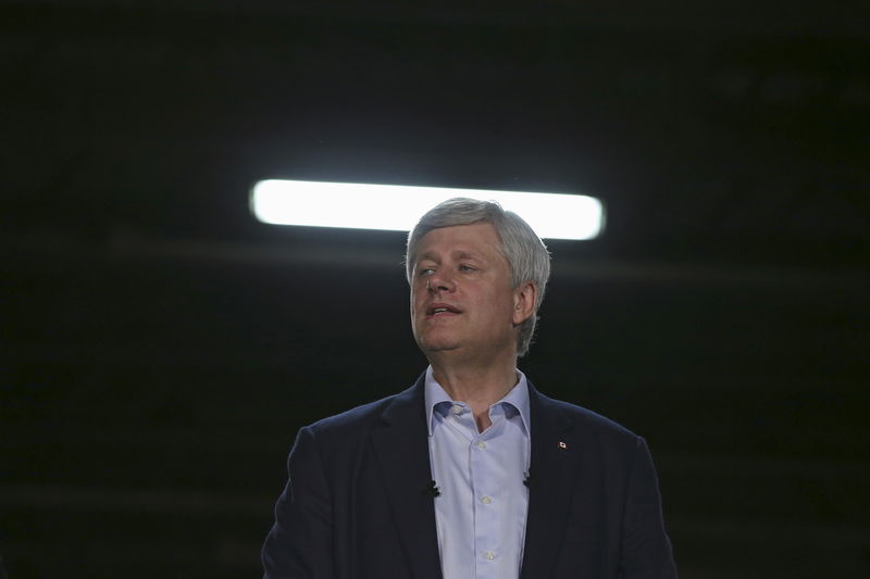 © Reuters. Harper speaks during a campaign event in Ottawa