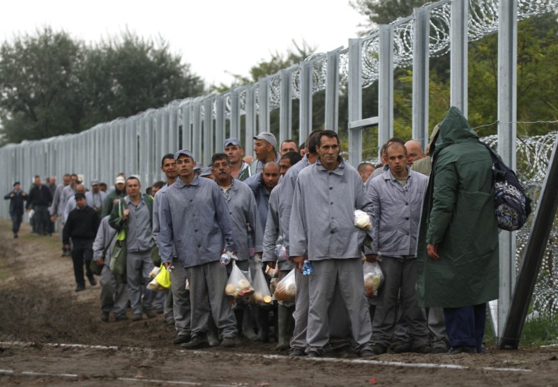 © Reuters. Prisoners walk past fence along Hungarian border with Serbia near migrant collection point in Roszke
