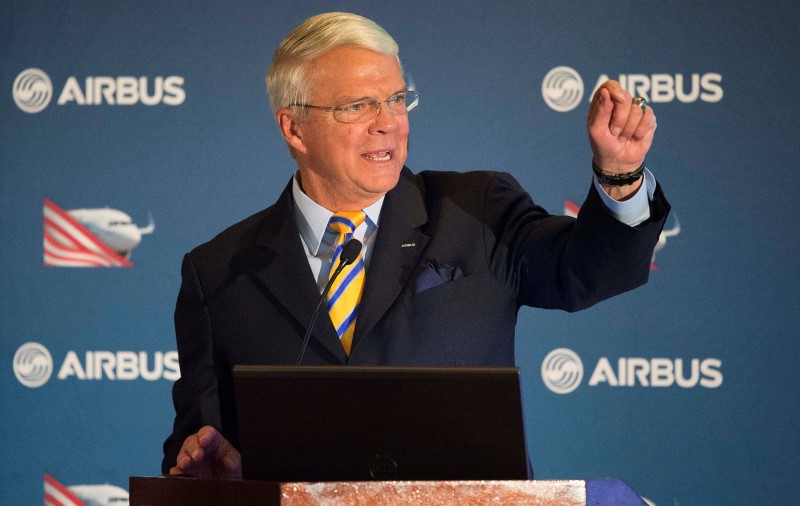 © Reuters. Airbus Group, Inc. Chairman and CEO McArtor speaks about the inauguration ceremony for the Airbus U.S. Manufacturing Facility during a news conference in Mobile