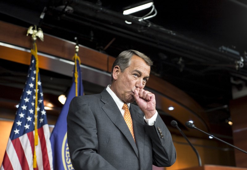 © Reuters. Speaker of the House Boehner pauses during a news conference on Capitol Hill