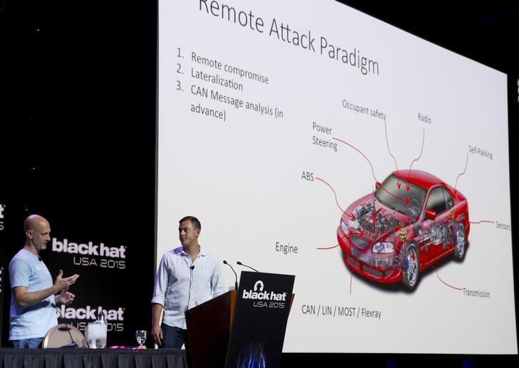 © Reuters. Charlie Miller (L) and Chris Valasek give a briefing during the Black Hat USA 2015 cybersecurity conference in Las Vegas