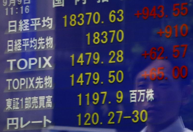 © Reuters. A pedestrian is reflected on a an electronic board showing the Japan's Nikkei average and other market indices including the exchange rate between the Japanese yen against the U.S. dollar at a brokerage in Tokyo