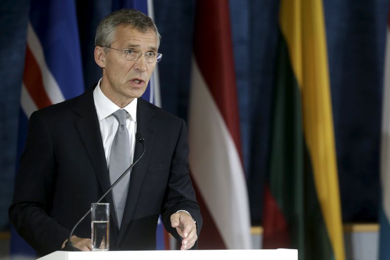 © Reuters. NATO Secretary General Stoltenberg speaks during a news conference after the NATO Force Integration Unit inauguration in Vilnius