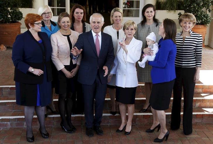 © Reuters. Australian Prime Minister Malcolm Turnbull poses for an official photograph with the female members of his cabinet after a swearing in ceremony at Government House in Canberra, Australia