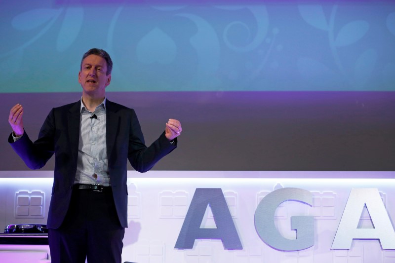 © Reuters. Aga Chief Executive William McGrath speaks at the Aga Festival 2015 in London