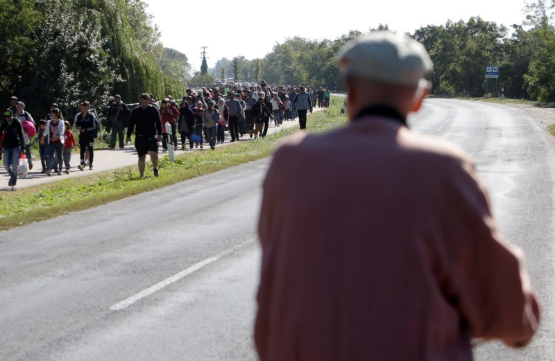 © Reuters. A Hungarian man looks on as migrants walk towards the border crossing with Austria in Hegyeshalom