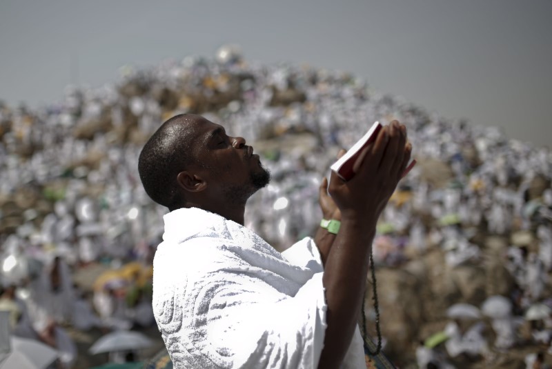 © Reuters. A Muslim pilgrim prays on Mount Mercy on the plains of Arafat during the annual haj pilgrimage, outside the holy city of Mecca 