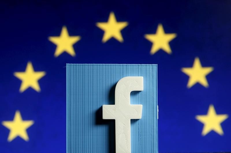 © Reuters. Picture illustration of 3D-printed Facebook logo in front of EU logo
