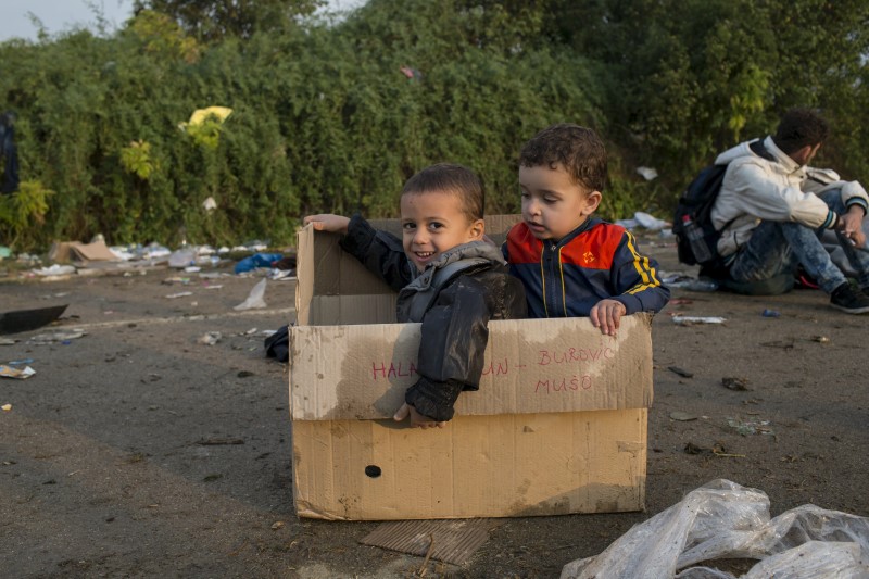 © Reuters. Migrant children sit in a box as they wait to board buses on a field, after they crossed the border with Serbia, near the village of Babska, Croatia