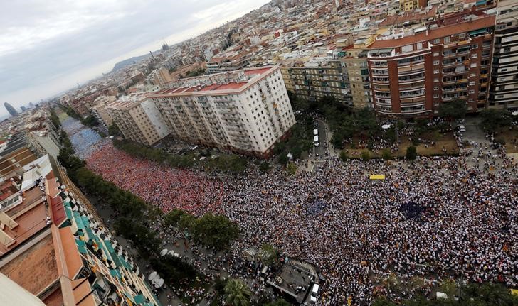 © Reuters. Catalan pro-independence supporters take part in a demonstration called "Via Lliure a la Republica Catalana" on Catalonia's national day in Barcelona, Spain