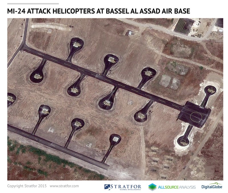 © Reuters. A Digital Globe satellite image courtesy of Stratfor shows MI-24 Attack Helicopters at Bassel Al Assad Air Base in Syria