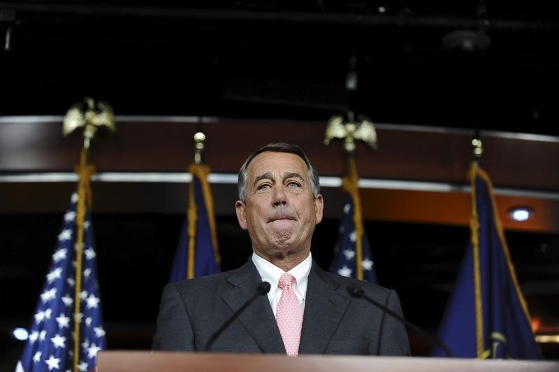 © Reuters. U.S. Speaker of the House John Boehner discusses his resignation in a news conference at the U.S. Capitol in Washington