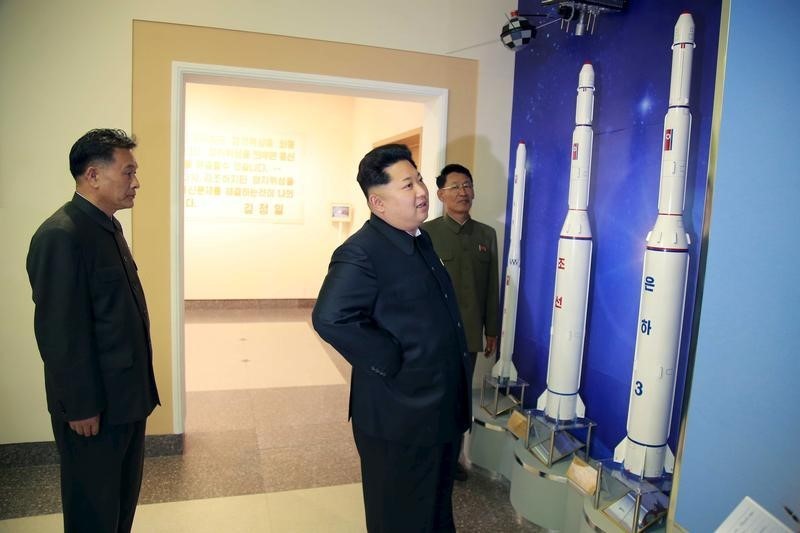 © Reuters. North Korean leader Kim Jong Un provides field guidance at the newly built National Space Development General Satellite Control and Command Centre