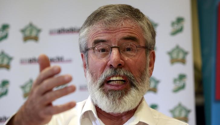 © Reuters. Sinn Fein President Gerry Adams reacts at a press conference held in the Roddy McCorley social club in West Belfast, Northern Ireland