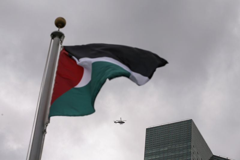 © Reuters. مع انحسار احتمالات السلام الفلسطينيون يرفعون العلم في الأمم المتحدة
