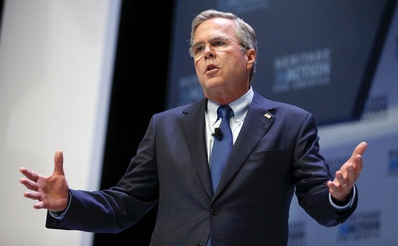 © Reuters. Former Florida Governor and U.S. presidential candidate Jeb Bush speaks during the Heritage Action for America presidential candidate forum in Greenville