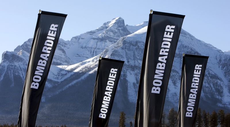 © Reuters. File photo of banners for the Canadian transportation manufacturer Bombardier in Lake Louise