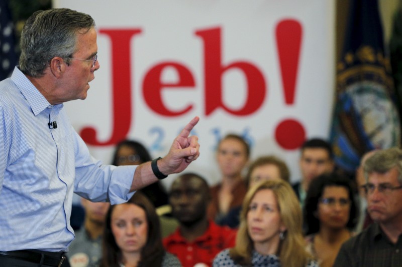 © Reuters. U.S. Republican presidential candidate Jeb Bush answers a question from the audience at a campaign town hall meeting in Bedford