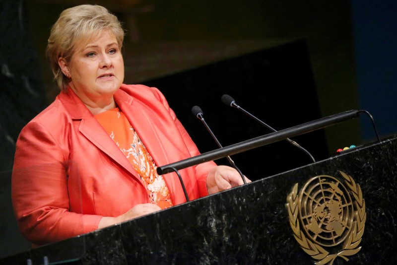 © Reuters. Prime Minister Erna Solberg of Norway addresses attendees during the 70th session of the United Nations General Assembly at the U.N. Headquarters in New York