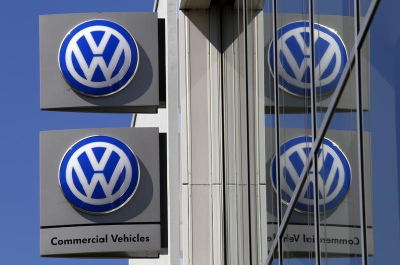 © Reuters. Volkswagen logos adorn a sign outside a dealership for the German automaker located in the Sydney suburb of Artarmon