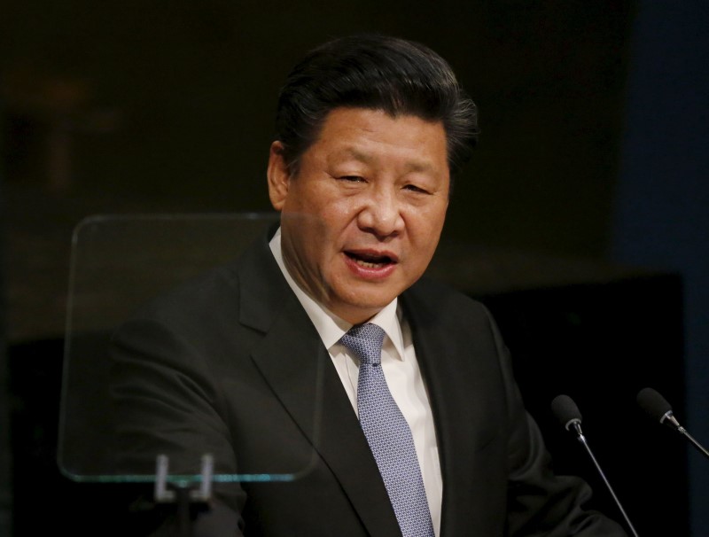 © Reuters. File photo of President  Xi Jinping of China addressing attendees during the 70th session of the United Nations General Assembly at the U.N. Headquarters in New York