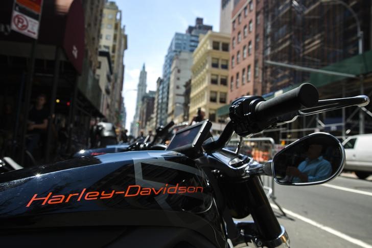 © Reuters. An electric Harley Davidson motorcycle that is part of companies "Project Livewire" stands on street in New York