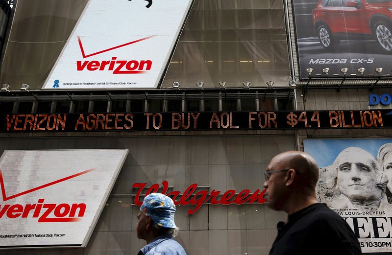 © Reuters. File photo of People walking by the Dow Jones electronic ticker at Times Square in New York