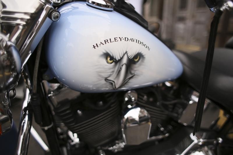 © Reuters. A detail of a Harley Davidson bike is seen as it is parked in Brechin, Angus, Scotland