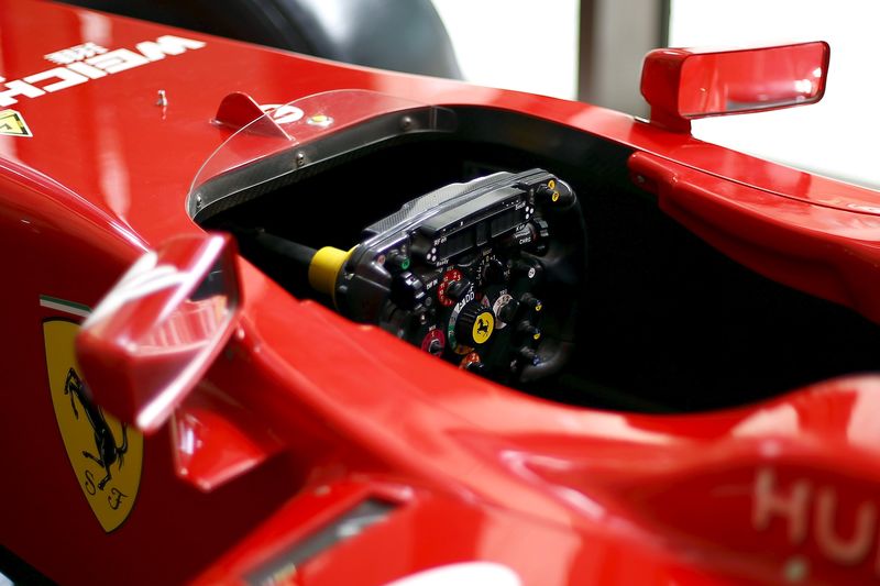 © Reuters. The steering wheel of a Ferrari Formula One replica car is seen in Santiago city