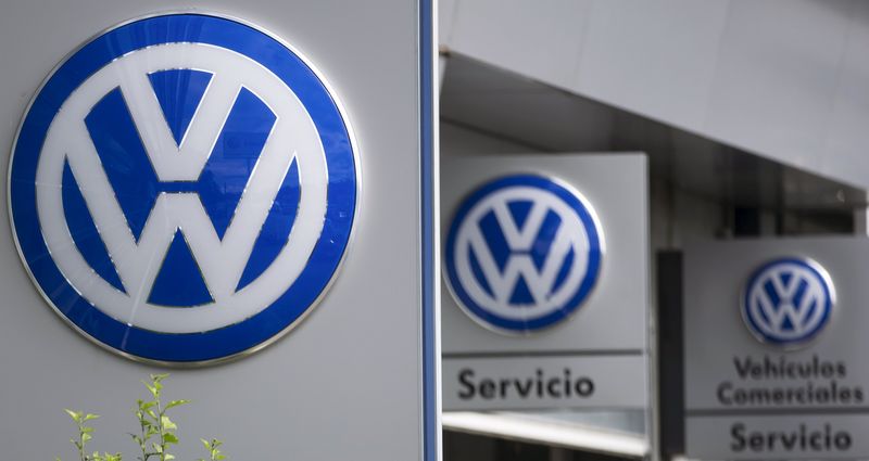 © Reuters. Volkswagen logos are pictured at a dealership in Madrid