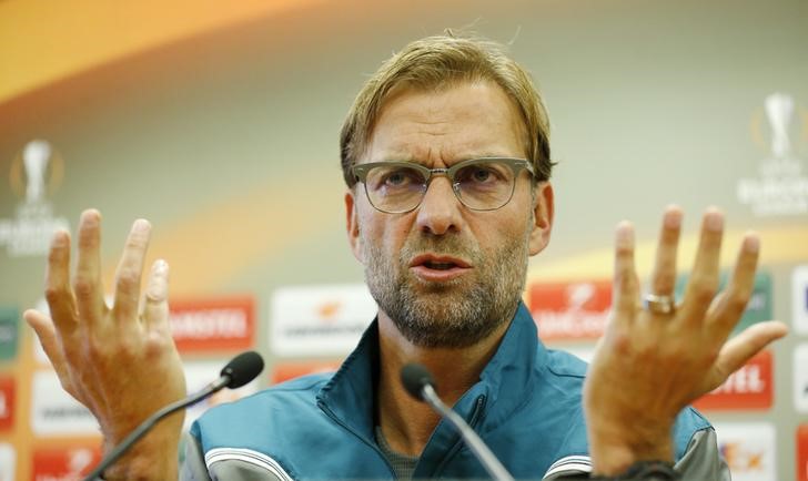 © Reuters. Técnico do Liverpool, Juergen Klopp, durante entrevista coletiva a jornalistas na Inglaterra