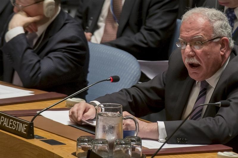 © Reuters. Palestinian Foreign Minister Riyad al-Maliki speaks during a United Nations Security Council meeting on the Middle East at the United Nations Headquarters in New York