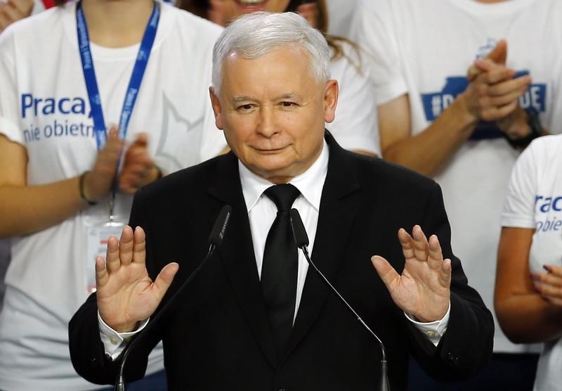 © Reuters. Líder do partido polonês Lei e Justiça (PiS), contrário à União Europeia, Jarslaw Kaczynski, durante discurso em Varsóvia