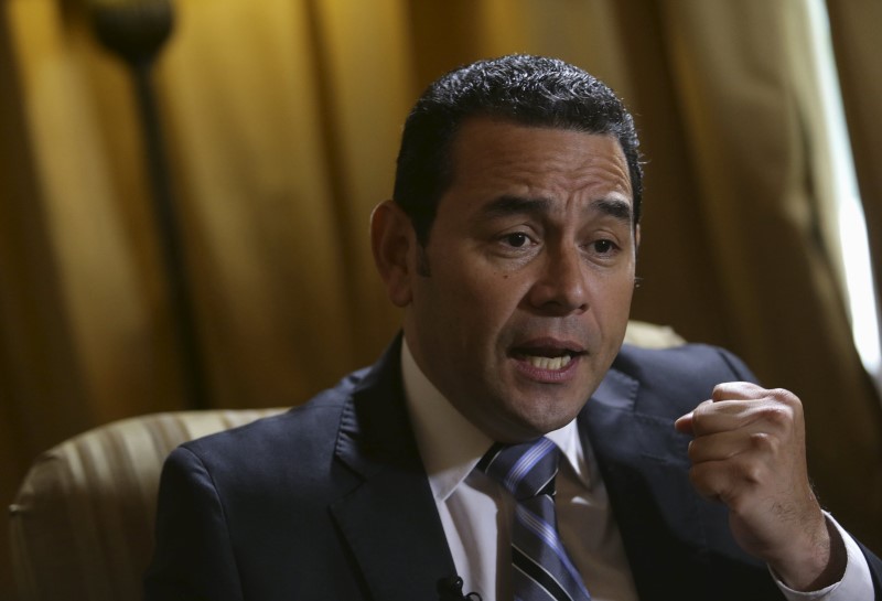 © Reuters. Guatemala's President-elect Jimmy Morales speaks during a interview with Reuters, Guatemala City